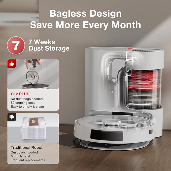 Yeedi C12 Plus Robot Vacuum and Mop, 8000Pa Strong Suction, 7-Week Dust Storage, Bagless Dust Bin, PureCyclone Tech, ZeroTangle Brush, White