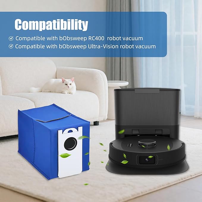 6-Pack UltraVision/UltraVision Pet Replacement Dust Bags for bObsweep RC400 & UltraVision/UltraVision Pet Robot Vacuum– 4.6L High-Capacity Self-Emptying Robot Vacuum Bags