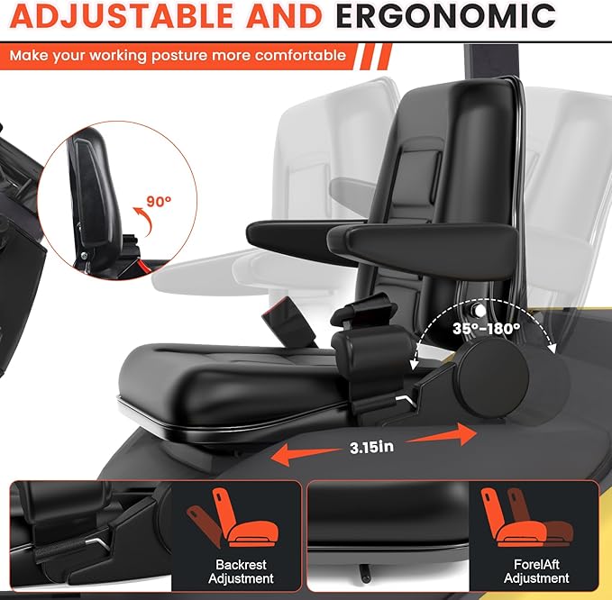 Universal Forklift Seat with Cover, Tractor Seat with Safety Belt, Adjustable Back and Armrest, Operator Safe Switch for Tractor, Mower, Excavator, Skid Loader, Dozer, Telehandler