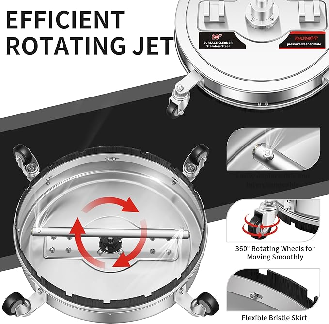 20" Pressure Washer Surface Cleaner with 5 Nozzles Water Broom - Stainless Steel Surface Cleaner for Pressure Washer Attachment for Concrete, Patio, Sidewalk, Deck and Driveways, 4000 PSI
