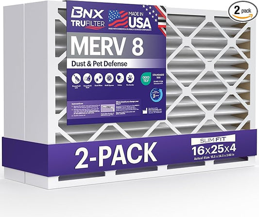 BNX TruFilter 16x25x4 (15.5’’ x 24.5’’ x 3.63‘’ Slim Fit) MERV 8 Air Filter 2-Pack - MADE IN USA - Air Conditioner Furnace Filters HVAC AC Furnace Filters for Dust, Pet, Mold, Pollen MPR 600-700 FPR 5
