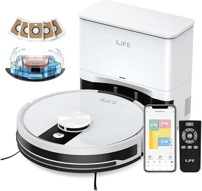 ILIFE A12 Pro Robot Vacuum and Mop Combo, Self Emptying Station for 60 Days, LiDAR Navigation, Home Mapping, No-Go Zones, 2.4G WiFi/App/Alexa/Remote Control, for Hard Floors, 110V