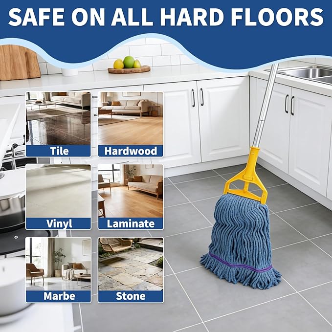 Blue Commercial Mop Head Replacement , Heavy-Duty Reusable and Washable Loop End Mops for Industrial Floor Cleaning on Hardwood and Concrete (8 Pack)