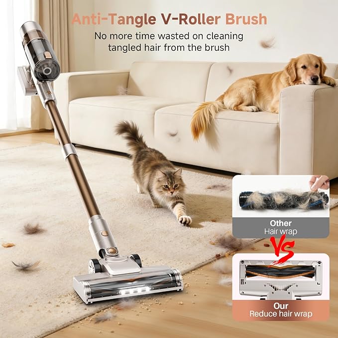 Cordless Vacuum Cleaner: Portable 6-in-1 Stick Vacuum with Anti-Tangle Brush, LED Headlight, Self-Standing, HD display, Rechargeable Vacuum for Pet Hair, Low-Pile Carpet and Hardwood Floor-Off White