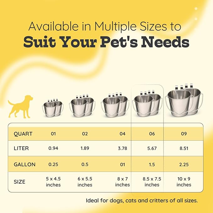 6 Quart Stainless Steel Flat Sided Bucket with Dual Hooks | 2 Pcs Food & Water Bowl for XL Dog Goat Cattle Horse & Livestock | Fits kennel Crate Cages Farm Hanging Pet Pail | Multipurpose