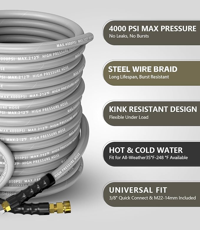 Pressure Washer Hose 100FT 4000 PSI, Kink Resistant Steel Braided Layer & NonMarking Rubber for Hot/Cold Water, High Power Washer Hose With 3/8 Inch Quick Connect & M22 Fitting, Gray