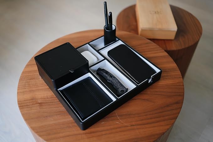 Nightstand Organizer with RFID Key Box – Bedside Valet Holder Tray with Charging Slot for Smart Keys – Catch All Tray for Phone, Wallet, Watch & Jewelry – Dresser Top Organizer Gift for Men & Women