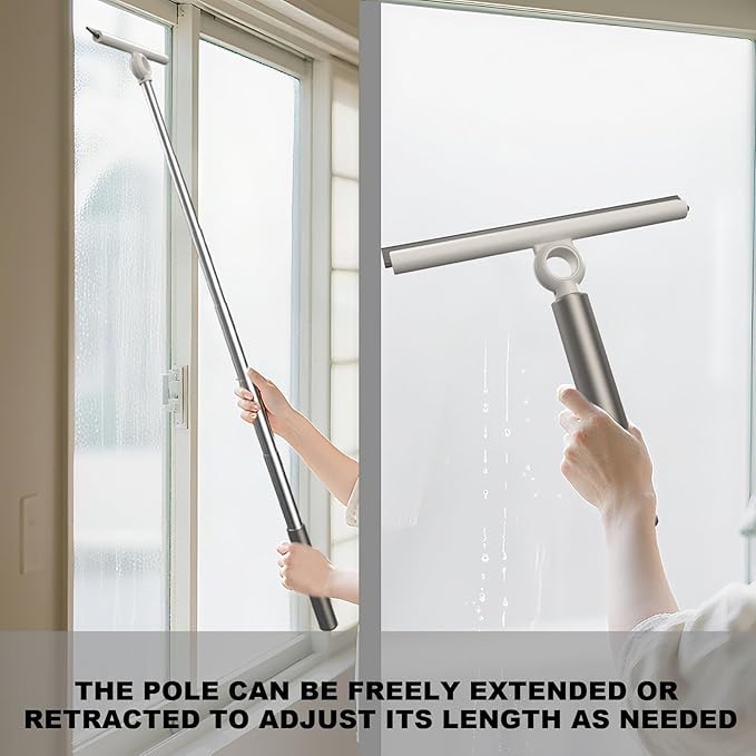 Extendable Shower Squeegee for Glass Doors, Shower Squeegee with 10-Inch Silicone Blade, Telescoping Handle for Windows and Shower Glass, Silver