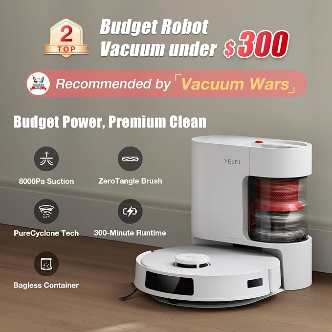 Yeedi C12 Plus Robot Vacuum and Mop, 8000Pa Strong Suction, 7-Week Dust Storage, Bagless Dust Bin, PureCyclone Tech, ZeroTangle Brush, White