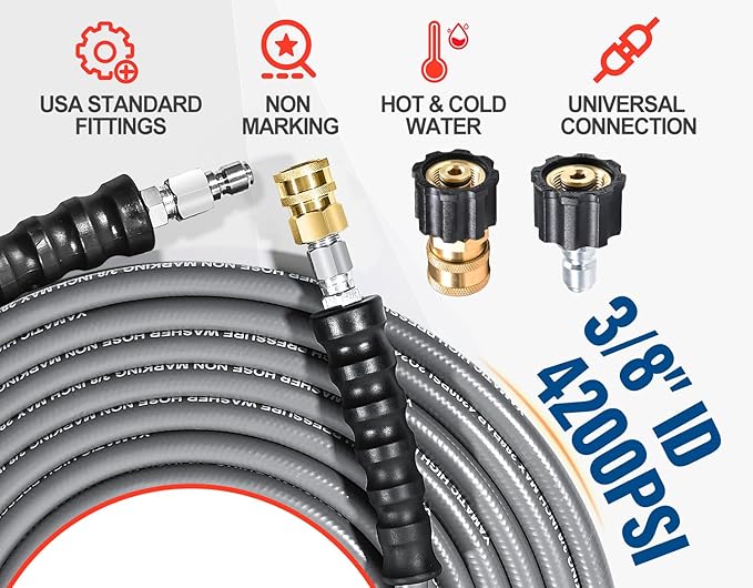 YAMATIC Non Marking 3/8" Pressure Washer Hose 50FT 4200 PSI, Kink Resistant Swivel 3/8" Quick Connect, Rubber Steel Braided Wear Resistant Industry Grade for Hot/Cold Water Gas Power Washer