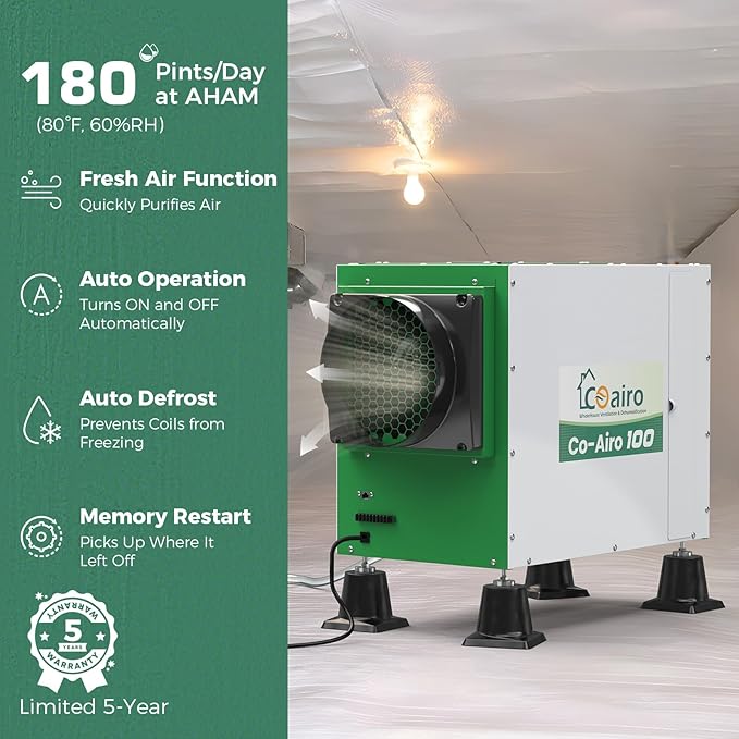 Whole House Dehumidifier, 180 Pint with Fresh Air Function with Controller, Commercial Dehumidifier with Drain Hose Up to 2300 sq. ft. for Grow Tent, Whole House, Commercial, Basement