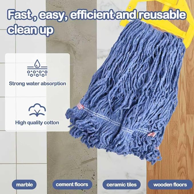 Loop-End Mop Head Replacement, 6 Pack – Commercial & Industrial Mop Heads with 1.25" Headband, Cotton Blend, Machine Washable Blue Mop Refills for Floor Cleaning