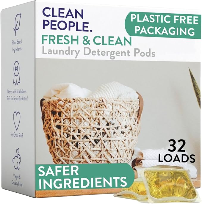 The Clean People Laundry Detergent Pods - Hypoallergenic Laundry Pods - Ultra Concentrated, Recyclable Packaging, Stain Fighting - Fresh Scent, 32 Pack