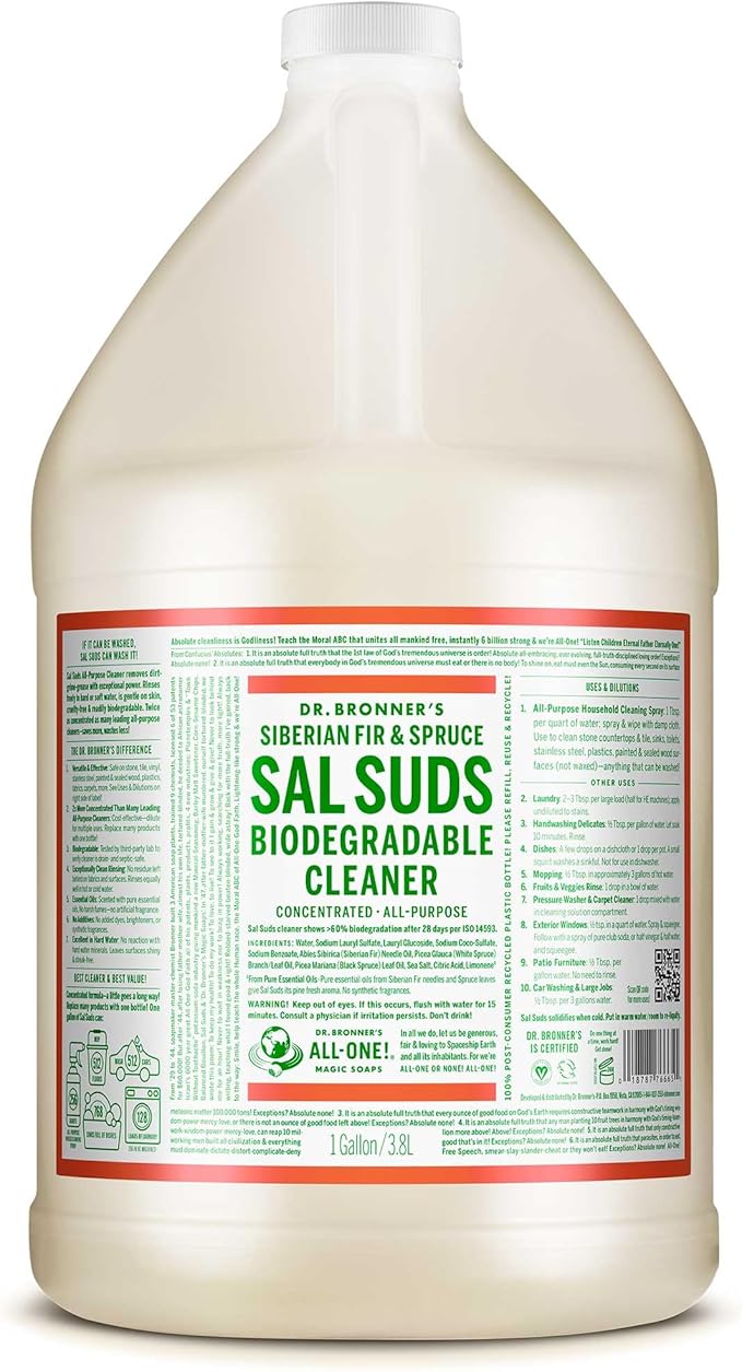 Dr. Bronner's - Sal Suds Biodegradable Cleaner (1 Gallon) - All-Purpose, Pine Cleaner for Floors, Laundry and Dishes, Concentrated, Cuts Grease and Dirt, Powerful Formula