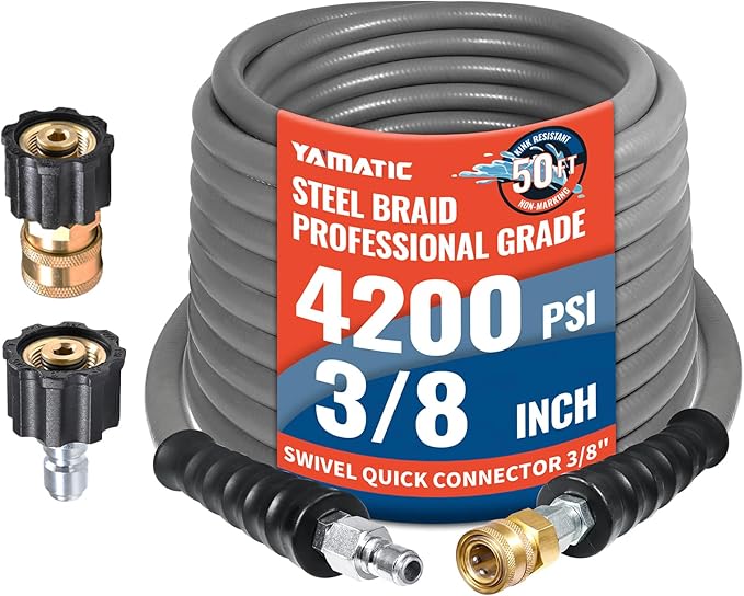 YAMATIC Non Marking 3/8" Pressure Washer Hose 50FT 4200 PSI, Kink Resistant Swivel 3/8" Quick Connect, Rubber Steel Braided Wear Resistant Industry Grade for Hot/Cold Water Gas Power Washer