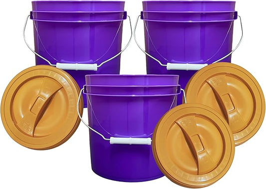 House Naturals 2 Gallon Purple Food Grade BPA Free Made in USA Bucket with Screw On Lid - Pack of 3 (Orange lids)