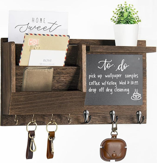 Key Holder for Wall - Mail Holder Organizer Wall Mount with Shelf - Rustic Hanging Key Rack Hanger with Hooks Decorative for Home Letter Dog Leash Entryway Farmhouse Living Room Decor