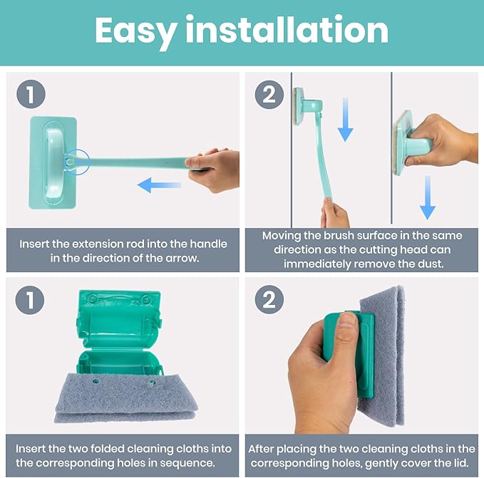 Window Screen Cleaner & Track Cleaning Kit – Mesh Screen Cleaning Brush + 3 Groove Brushes & 6 Replacement Cleaning Cloths – 14.8″ Detachable Long-Reach Handle, Wet & Dry Dual-Use