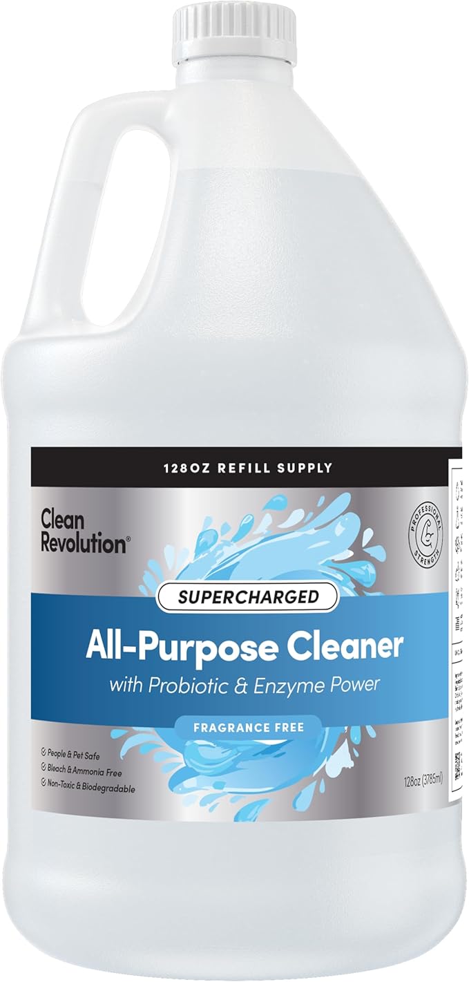 Clean Revolution SuperCharged All Purpose Cleaner Refill with Smart Probiotic + Enzyme Complex, Multi-Surface Kitchen Bathroom & Floor Cleaner, Fragrance Free, 128 Fl Oz (Pack of 1)