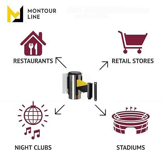 Montour Line WM115 Wall Mounted Retractable Belt Barrier with Standard Belt End, Fixed Mount, Polished Stainless Steel Casing (8.5 ft Yellow with"Caution - DO NOT Enter" Black Letters Belt)