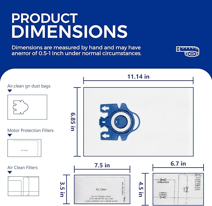 Vacuum Cleaner Bags Fit for Miele Classic C1 Complete C1 C2 C3 S227 S240 S270 S400 S2 S5 S8 Series, Include 6 Packs 3D Efficiency Airclean Bags with 2 Motor Protection Filters and 2 AirClean Filters