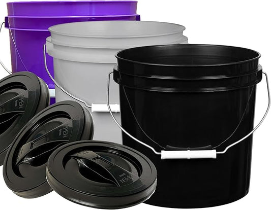 House Naturals 2 Gallon Purple Food Grade BPA Free Made in USA Bucket with Screw On Lid - Pack of 3 (Purple, Gray, Black, Black lids)
