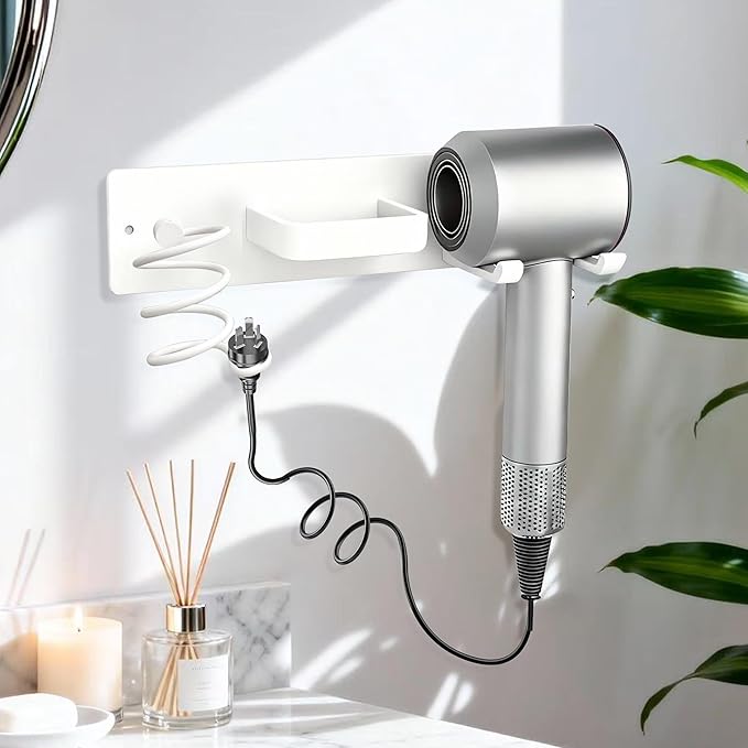 Blow Dryer Holder Wall Mount, 3 in 1 Bathroom Hair Tool Organizer with Curling Iron Holder & Flat Iron Holder, Universal Hair Dryer Holder Rack Storage White