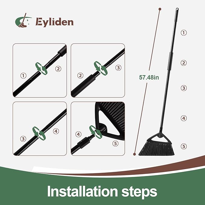 Eyliden Broom, Angle Broom with 57" Long Handle - Fit Heavy-Duty Cleaning, Also Works Well Fine Dust - Commercial Outdoor Indoor Sweeper for Courtyard, Sidewalk, Deck, Kitchen, Lobby, Garage, Black