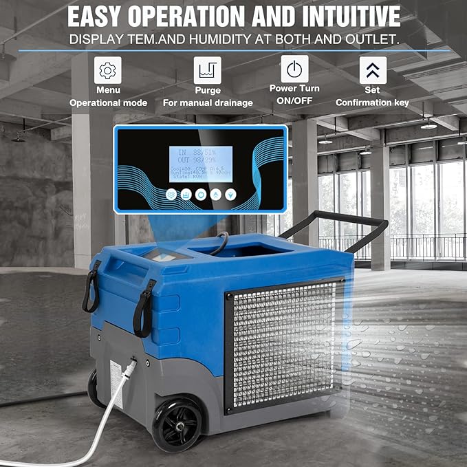 Mounto MOUNTO 268Pints LGR Commercial Compact Dehumidifier with Pump and Drain Hose, LGR Portable Dehumidifier with wheels for Home, Basements, Garages, and Job Sites (Blue)