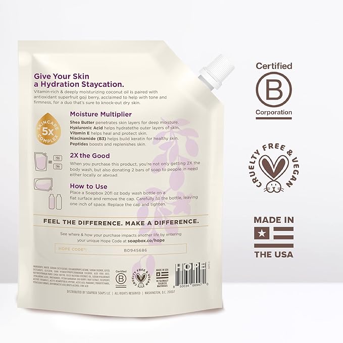 Soapbox Body Wash Refill, Coconut + Goji Berry Body Wash Refill Pack, Bulk Soap Pouch, Vegan + Antioxidant Rich Moisturizing with Shea Butter, Peptides & Keratin Promoting B3, 40oz