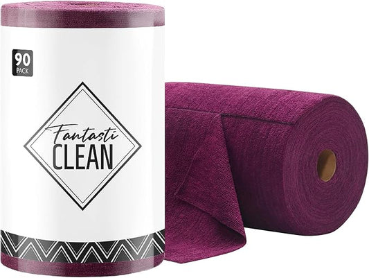 Fantasticlean Microfiber Cleaning Cloth Roll -90 Pack, Tear Away Microfiber Towels, 12" x 12", Reusable, Washable, Scratch Free, Ultra Absorbent for All-Around Cleaning Supplies (Deep Purple)