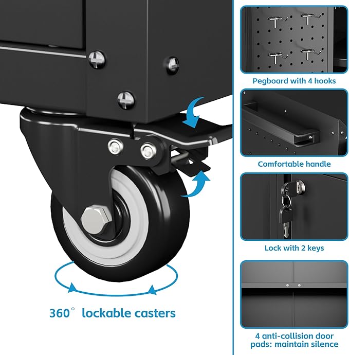 SUXXAN Metal Storage Cabinet with Wheels, Rolling Storage Cabinet with 2 Doors and Adjustable Shelves, Pegboard and 4 Hooks, Suitable for Garage, Home, Office, School, Black