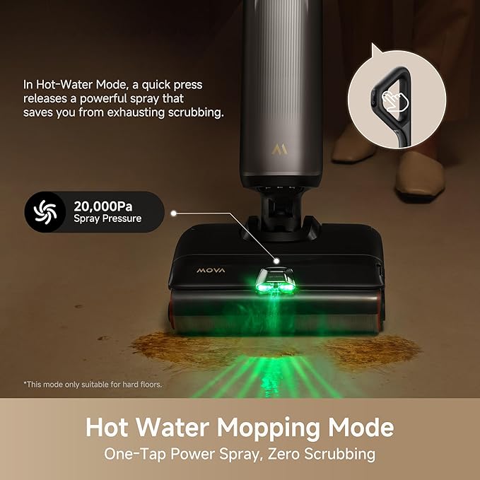 Mova X4 Pro Wet Dry Vacuum Cleaner, 20000Pa Cordless Vacuum Mop with Zero Tangle, Hot Water Mopping for Sticky Messes,194℉ Hot Air Self Drying, 180° Lie Flat, Push-in Charging Station, LED Display