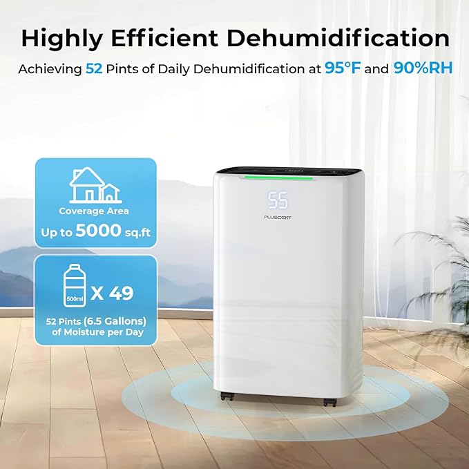 5000 Sq. Ft Dehumidifier for Basement, Max 52 Pints Dehumidifiers for Home & Large Room with Drain Hose, Manual & Auto Drainage, 4 Modes, Intelligent Humidity Control, 24H Timer, Auto Defrost