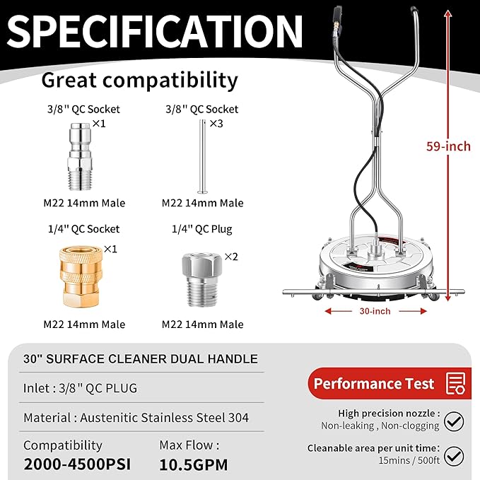 Pressure Washer Surface Cleaner with 7 Nozzles Spray Bar - Stainless Steel Surface Cleaner for Pressure Washer Attachment for Concrete, Patio, Sidewalk, Deck and Driveways (30 Inch Water Broom)