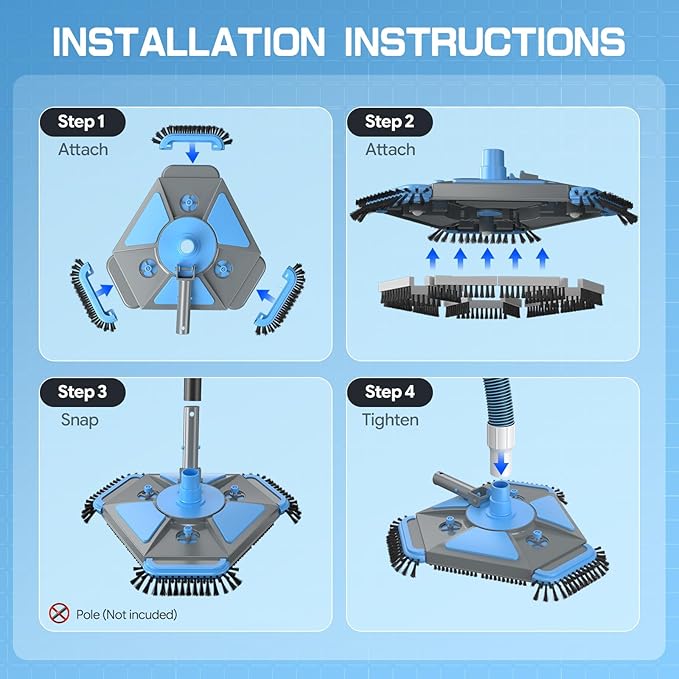 UIRWAY Upgrade Pool Vacuum Head with Side Brush & 360° Swivel Cuff, 1-1/2" x 40 Ft Heavy Duty Manual Kink-Resistant Vacuum Hoses, Weighted Triangular Shape for Inground & Above Ground Pool(No Pole)