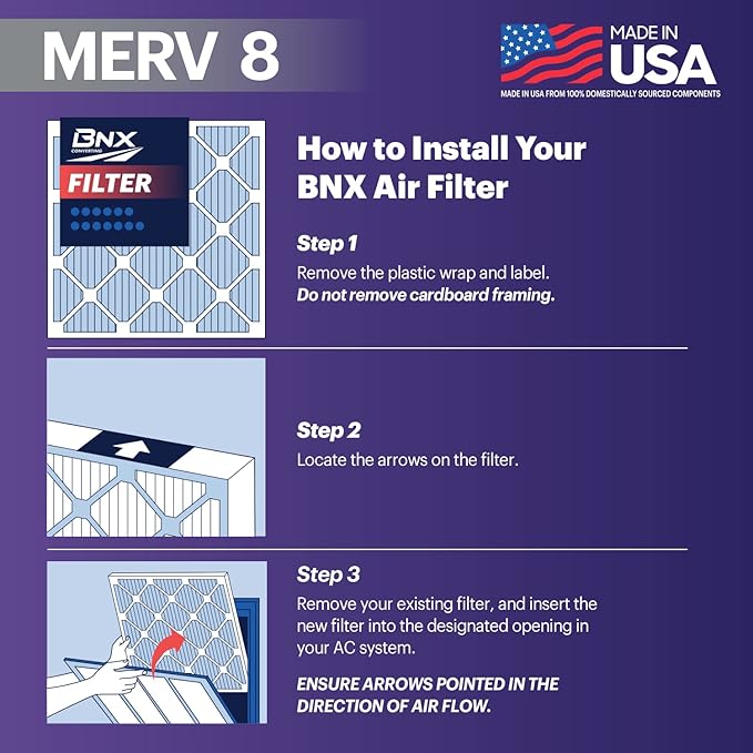 BNX 16x25x1 MERV 8 Air Filter 2 Pack - MADE IN USA - Electrostatic Pleated Air Conditioner HVAC AC Furnace Filters - Removes Dust, Mold, Pollen, Lint
