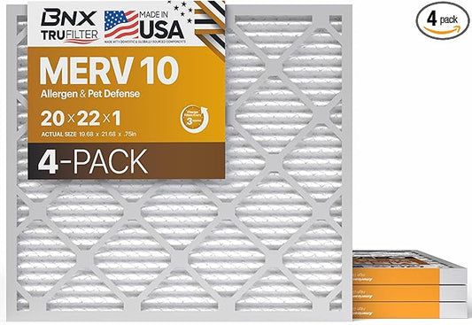 BNX TruFilter 20x22x1 MERV 10 (4-Pack) AC Furnace Air Filter - MADE IN USA - Pleated Air Conditioner HVAC AC Furnace Filters - Removes Odor, Mold, Bacteria, Smoke