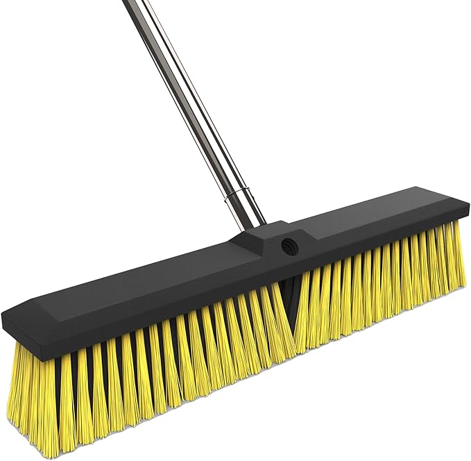 18 Inches Push Broom Outdoor with 65" Adjustable Handle, Heavy Duty Outdoor Broom with Stiff Bristles, for Cleaning Yard, Garage, Shop, Driveway, Wood, Stone, Deck, Concrete, and Tile Floor.
