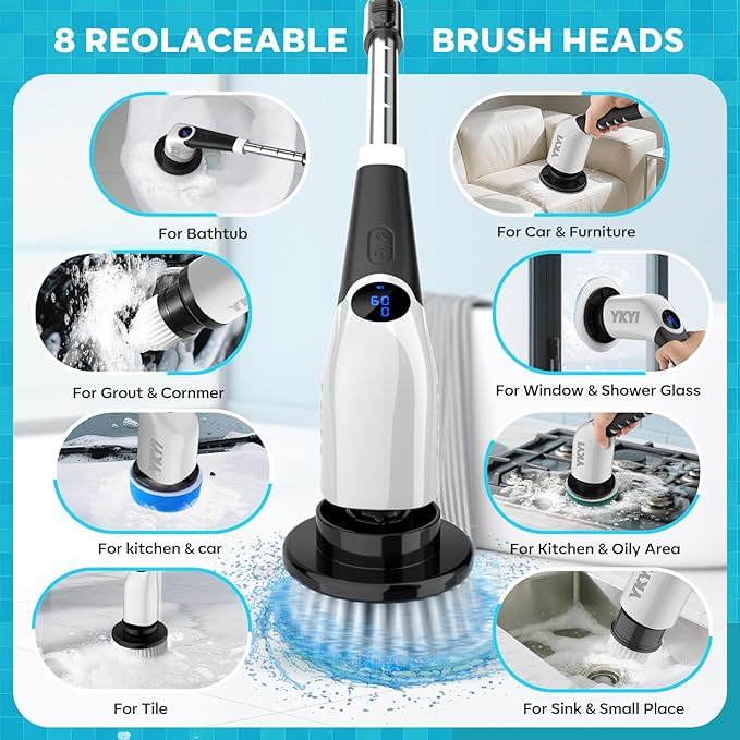 YKYI Electric Spin Scrubber-Cordless Power Scrubber with 8 Brush Heads, 3 Speeds & Adjustable Long Handle, IPX7 Waterproof Shower Cleaning Brush for Bathroom Tile, Bathtub, Grout, Kitchen(White)