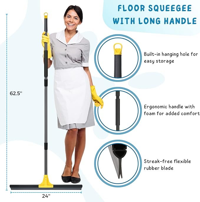 Floor Squeegee for Concrete and Tile Cleaning, 24'' Rubber Wiper Broom, Large Heavy Duty Water Scraper with 60'' Long Handle for Garage, Deck, Bathroom, Shower Glass, Window