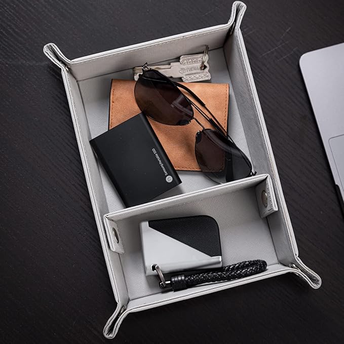 BONNY DODO Valet Tray for Men PU Leather Tray Organizer with Partition, Storage Keys, Watch & Practical Storage for Table Nightstand Living Room Bedroom (Gray)