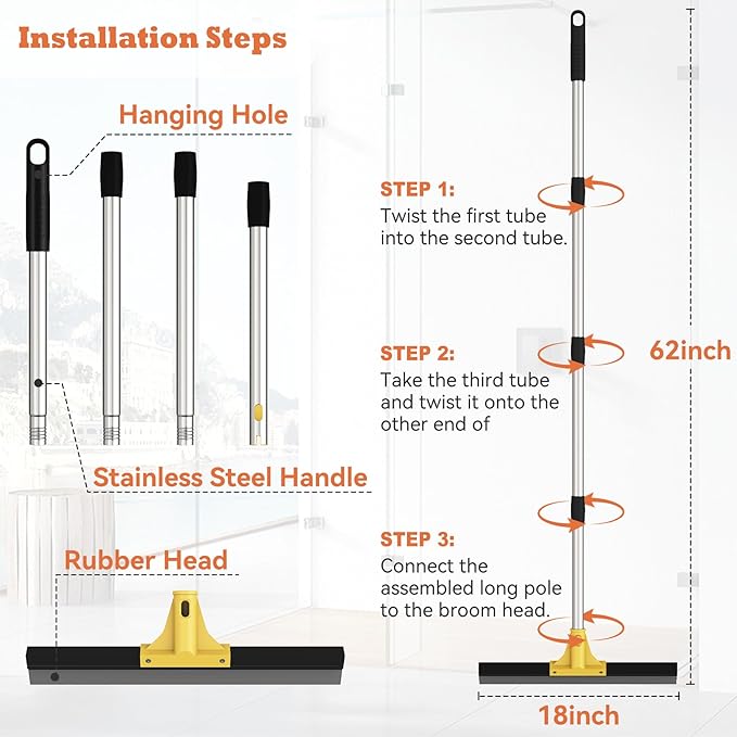 Large Heavy-Duty Floor Squeegee, 18” Rubber Blade Broom & 62” Long Handle Floor Squeegee for Concrete, Bathroom Tile, Garage Concrete, Deck, Shower Glass, Window Cleaning