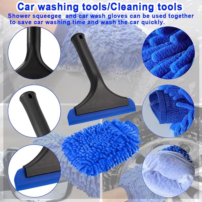 Window Tint Tool Small 6" Silicone Handy Cleaning Squeegee and Car Wash Mitt Chenille Microfiber Super Absorbent for Car Windshield, Window, Mirror, Glass Door,Shower(Blue)