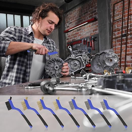 Wire Brushes Pack of 7. for Cleaning Welding Slag, Rust and Dust. 7" Brass, Stainless Steel, Nylon Brushes with Rigid Handle