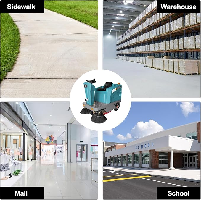 Ride on Floor Sweeper Machine 50.4" Clean Width 800W Brushless Motor Lithium Battery Powered 92600Sqft/h Efficiency, for Garages Warehouses Roads Schools Hospitals Malls,Blue