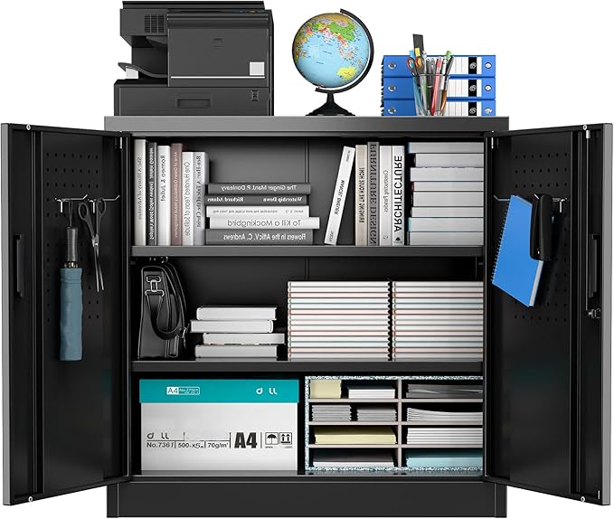 SUXXAN Metal Storage Cabinet with Pegboard 31.5”H×31.5”W×16.5”D, Lockable Rolling Steel Storage Cabinet with 2 Adjustable Shelves and Door for Garage, Office, Kitchen, Assembly Required(Black)