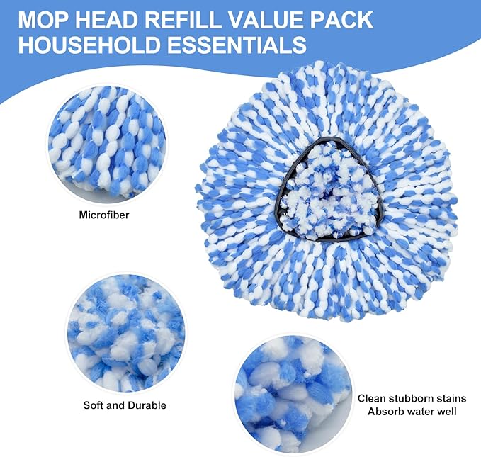 Mop Heads Replacements for Oceda Mop Replace Head RinseClean 2-Tank System, 3 Pack Spin Mop Replacement Head, Microfiber Mop Refills, Machine Washable and Deep Cleaning (NOT for 1-Tank System)