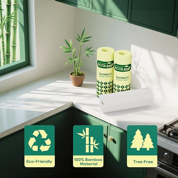 ECOlipak Paper Towels - 8 Rolls, 2 Ply 120 Sheets- Plastic Free, Tree Free, Compostable, Disposable Kitchen Paper Towels, Soft and Absorbent, PFAS Free, White