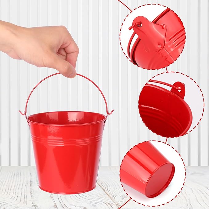 15 Pack 5.1" Red Metal Bucket, Elegant Galvanized Buckets with Handles, Tin Buckets, Small Iron Bucket, Metal Pail for Party Favors, Crafts, Garden & Beach